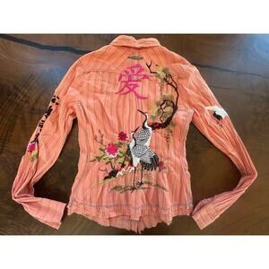 3J Workshop Johnny Was Embroidered Crane "Love" Button Down Shirt Small